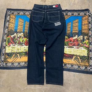 Tommy Hilfiger baggy jeans 32x32 Raw Denim Blue Black Embroidered Y2k Skater